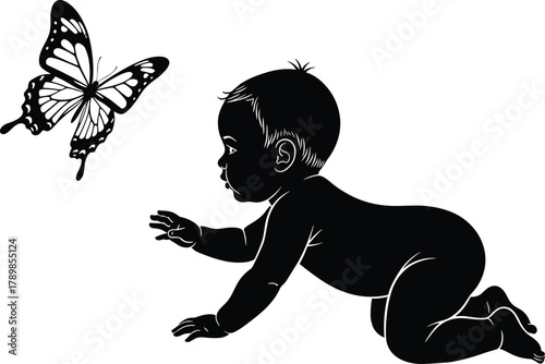 Baby crawling silhouette, child reaching butterfly, 