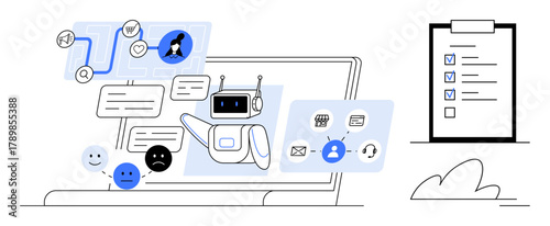 Robot sending and receiving messages, analyzing user feedback, connecting tools, checklist nearby. Ideal for communication, automation, customer support, feedback AI workflow efficiency. Simple
