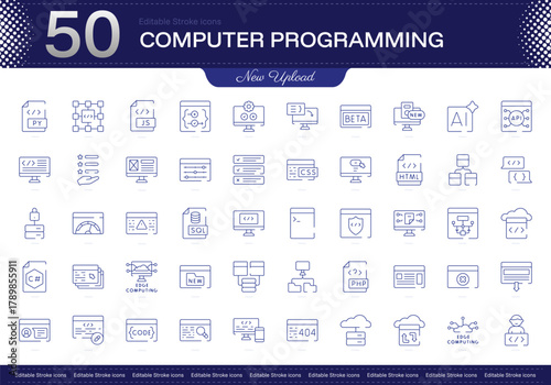 Computer Programming stroke icon. Computer Programming line icon set. editable stroke icon pack. Line, Thin, Linear Style Icon Bundle. Fully Customizable Code, Algorithm, Debugging, Compiler, Syntax