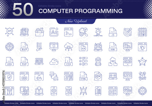 Computer Programming stroke icon. Computer Programming line icon set. editable stroke icon pack. Line, Thin, Linear Style Icon Bundle. Fully Customizable Code, Algorithm, Debugging, Compiler, Syntax