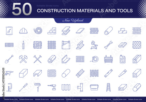 Construction Materials and Tools stroke icon. Construction Materials and Tools line icon set. editable stroke icon pack. Line, Thin, Linear Style Icon Bundle. Fully Customizable Concrete, Hammer