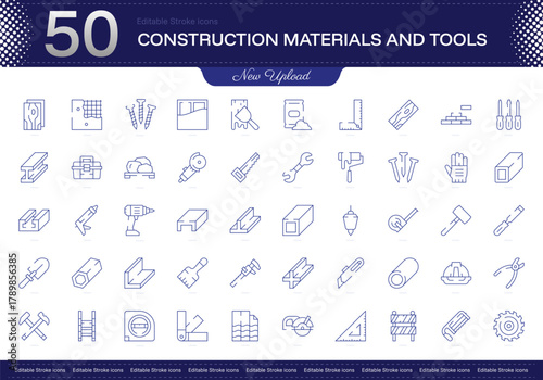 Construction Materials and Tools stroke icon. Construction Materials and Tools line icon set. editable stroke icon pack. Line, Thin, Linear Style Icon Bundle. Fully Customizable Concrete, Hammer