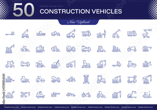 Construction Vehicles stroke icon. Construction Vehicles line icon set. editable stroke icon pack. Line, Thin, Linear Style Icon Bundle. Fully Customizable Excavator, Bulldozer, Crane, Loader, Dumptru