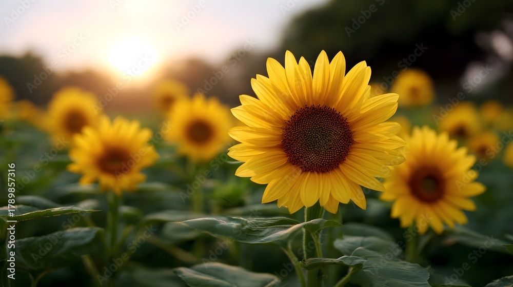 Fototapeta premium A field of bright yellow sunflowers basks in the warm glow of the setting sun during golden hour