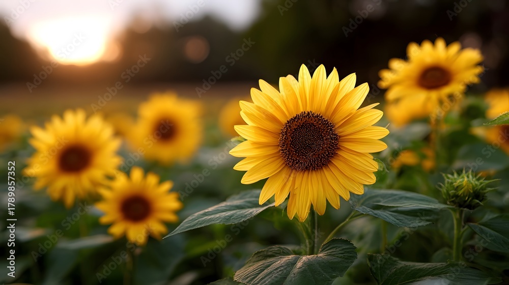 Naklejka premium A field of vibrant yellow sunflowers bathed in the warm golden light of sunset or sunrise showcasing their beauty in nature