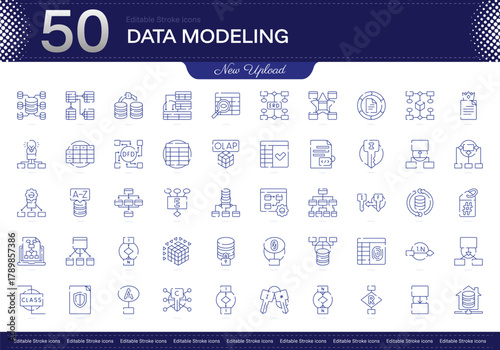 Data Modeling stroke icon. Data Modeling line icon set. editable stroke icon pack. Line, Thin, Linear Style Icon Bundle. Fully Customizable Schema, Entities, Relationships, Normalization, Attributes