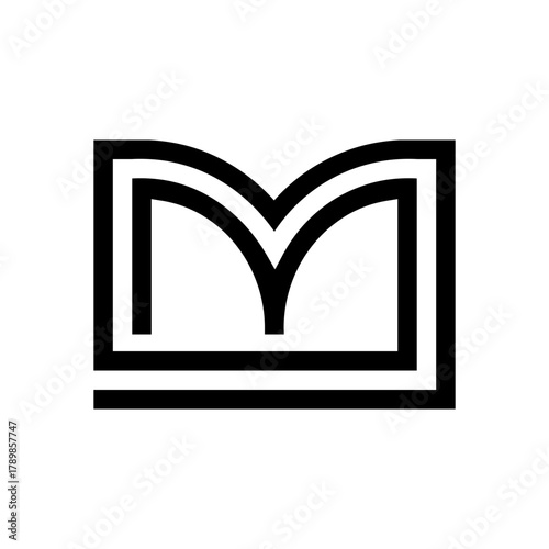 A minimalist black and white logo featuring a stylized letter M with double lines, resembling an open book or architectural structure.