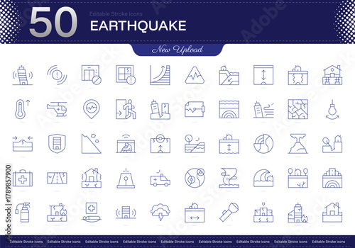 Earthquake stroke icon. Earthquake line icon set. editable stroke icon pack. Line, Thin, Linear Style Icon Bundle. Fully Customizable Seismic, Fault, Tremor, Magnitude, Aftershock