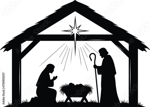 Nativity silhouette, holy family, Christmas manger, baby Jesus, Mary and Joseph, Bethlehem star, Christian tradition, religious scene, festive illustration, sacred story