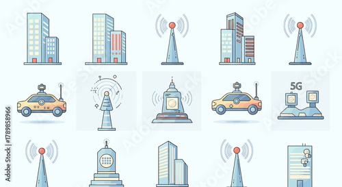 Modern Urban Infrastructure and Communication Technology Vector Icon Set illustrating Smart City Development with Buildings, 5G Networks, and Autonomous Vehicles for Digital Living