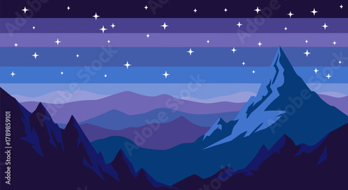 A serene and expansive nightscape of pixelated mountain peaks beneath a starlit sky