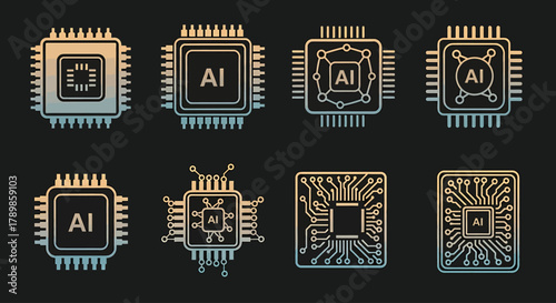 Vector illustrations of intricate artificial intelligence processors and digital microchips, symbolizing smart technology, data processing, and machine learning breakthroughs