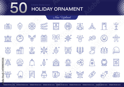  Holiday Ornament stroke icon. Holiday Ornament line icon set. editable stroke icon pack. Line, Thin, Linear Style Icon Bundle. Fully Customizable, Decoration, Festive, Handmade, Colorful, Keepsake