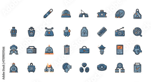 Pixel art icon set with a unique collection of detailed assets for a video game interface, including technology and adventure equipment