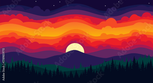 Mesmerizing vector landscape illustration of a dramatic sunset or sunrise with vibrant layered sky colors, towering mountains, and a dense pine forest