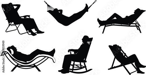 Relaxation silhouette, lounge chair, hammock rest, chaise recliner, rocking chair, deck chair, leisure posture, outdoor comfort, peaceful seating, lifestyle illustration