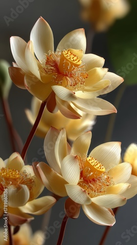 Delicate ginger lotus flowers bloom gracefully in soft light, showcasing their intricate petals and vibrant centers in a serene setting