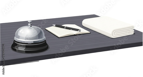 Modern hotel reception desk with bell, pen, and towel provides a welcoming, upscale experience for travelers, promising comfort and convenience