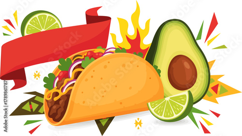 Mexican Street Food Fiesta Flyer Vector with Taco, Avocado, Limes