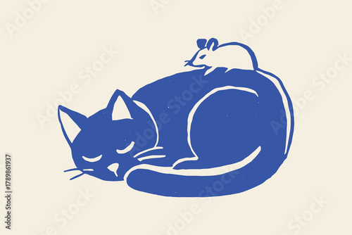 Sleeping cat with mouse, naive sketch, bold outline vector illustration