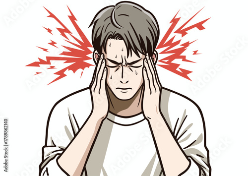 Young man has chills and severe headache, vector illustration