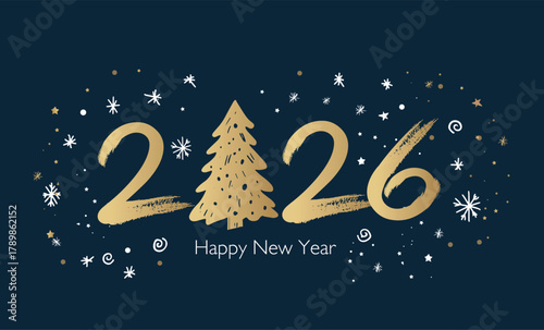 Happy New Year 2026 Greeting Card with Golden Brush Strokes