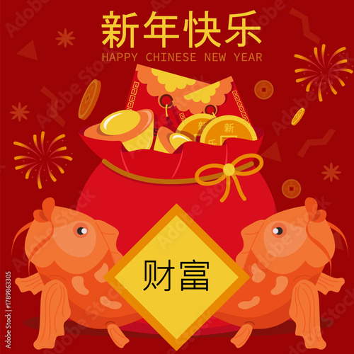Chinese New Year poster with golden fish, red money bag, and gold coins flat cartoon festive illustration on red background