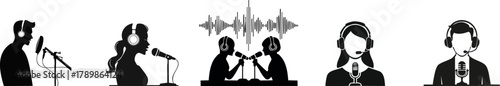 Silhouettes of individuals using microphones and headphones, representing various aspects of audio recording and communication.