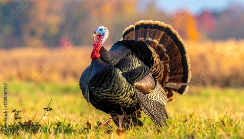 A colorful turkey stands proud in a field with autumn foliage blurred in the background, facing left