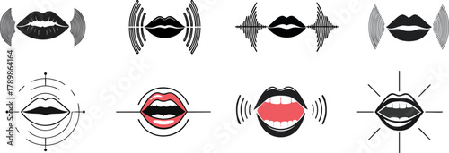 A series of graphic illustrations depicting lips, sound waves, and various auditory symbols, emphasizing communication and sound.