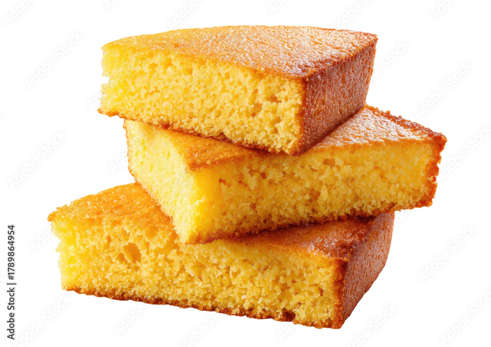 Fototapeta premium Stack of three square slices of golden cornbread