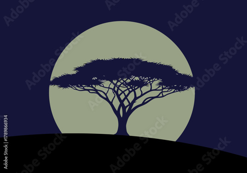 Peaceful African savanna evening with a solitary acacia tree silhouetted against the soft, radiant glow of a majestic full moon, symbolizing tranquility in nature