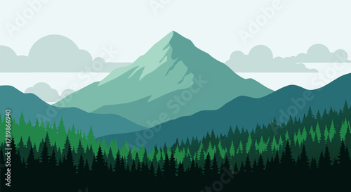 Scenic Mountain Landscape Illustration with Forest and Cloudy Sky