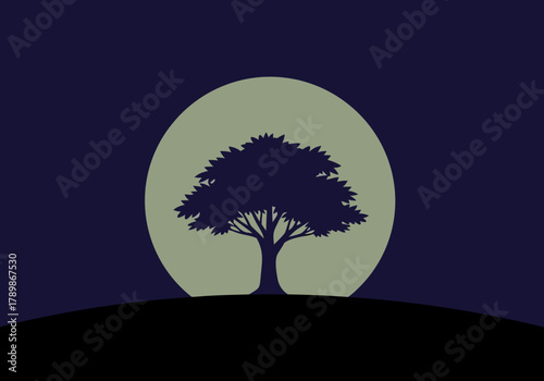 Minimalist vector illustration of a lone tree silhouette against a giant moon. Peaceful and mystical nighttime nature landscape for a logo concept c.eps