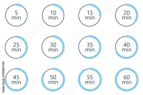 Minute Timer, clock, stopwatch, Countdown timer, cooking time icon set. 5, 10, 15, 20, 25, 30, 35, 40, 45, 50, 55, 60 min and 1 hour Timer, clock, stopwatch isolated set icons, symbols, label.