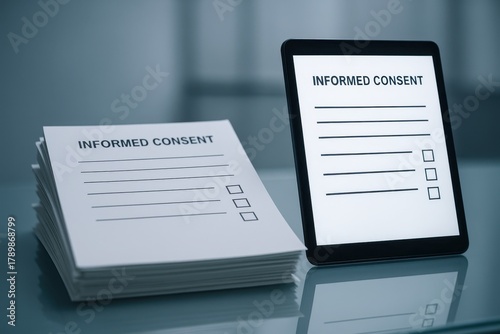 Informed consent form on paper and digital tablet. Space for text.