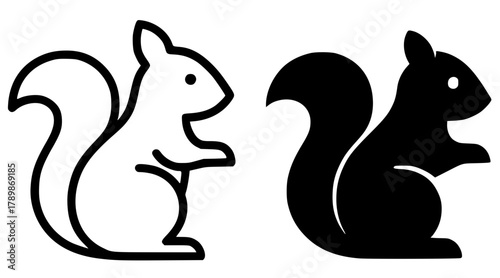 Minimalist icon, squirrel vector, black and white, outline and silhouette