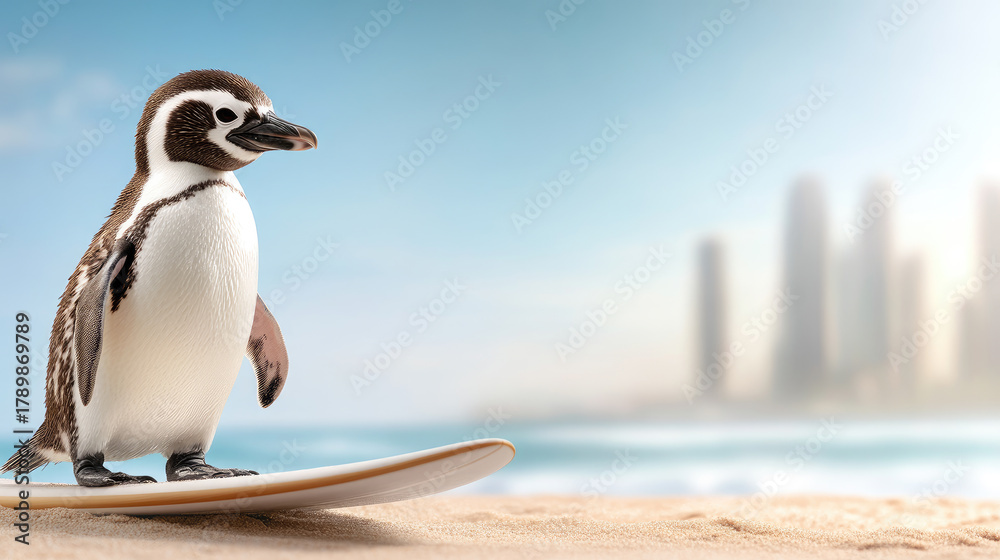 Fototapeta premium Penguin surfing on a surfboard at sunset in a coastal city with ocean waves in the background
