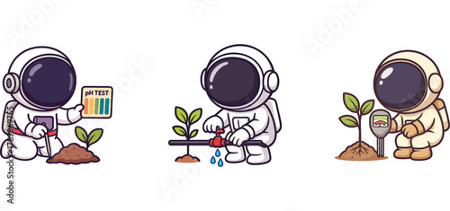 astronaut composting and planting in garden