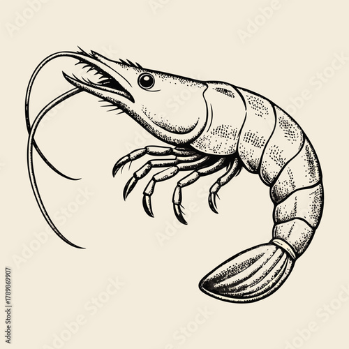 Vintage hand drawn shrimp illustration, detailed seafood sketch, black and white prawn engraving design.