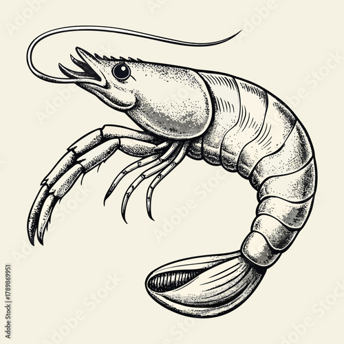 Vintage hand drawn shrimp illustration, detailed seafood sketch, black and white prawn engraving design.