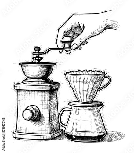 Hand Operating Manual Coffee Grinder with Pour-Over Maker in Vintage Sketch Style. Vector Illustration for Artisanal Coffee Ritual.