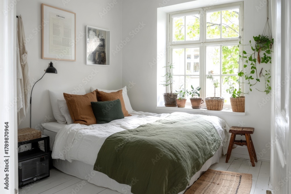 Fototapeta premium Small cozy bedroom with space-saving furniture and warm decor