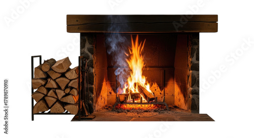 Burning Wood Fireplace with Log Stack and Tools Isolated Cutout Transparent PNG