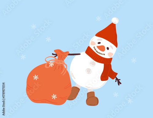 Happy snowman carrying a red bag full of Christmas presents. Cute winter holiday character. Vector illustration for greeting cards and prints.