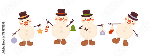 Adorable snowman in winter hat holding Christmas toys and decorations. Vector collection isolated on white. Holiday mood characters print set.