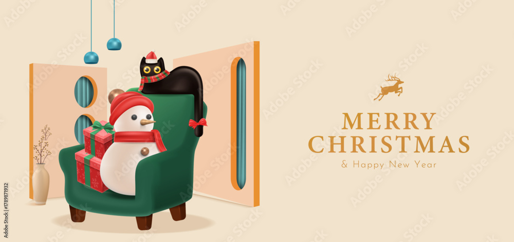 Fototapeta premium Snowman and Cute Cat Sitting in Armchair with Gifts in Cozy Festive Room Illustration. Christmas Poster Design Vector Illustration 