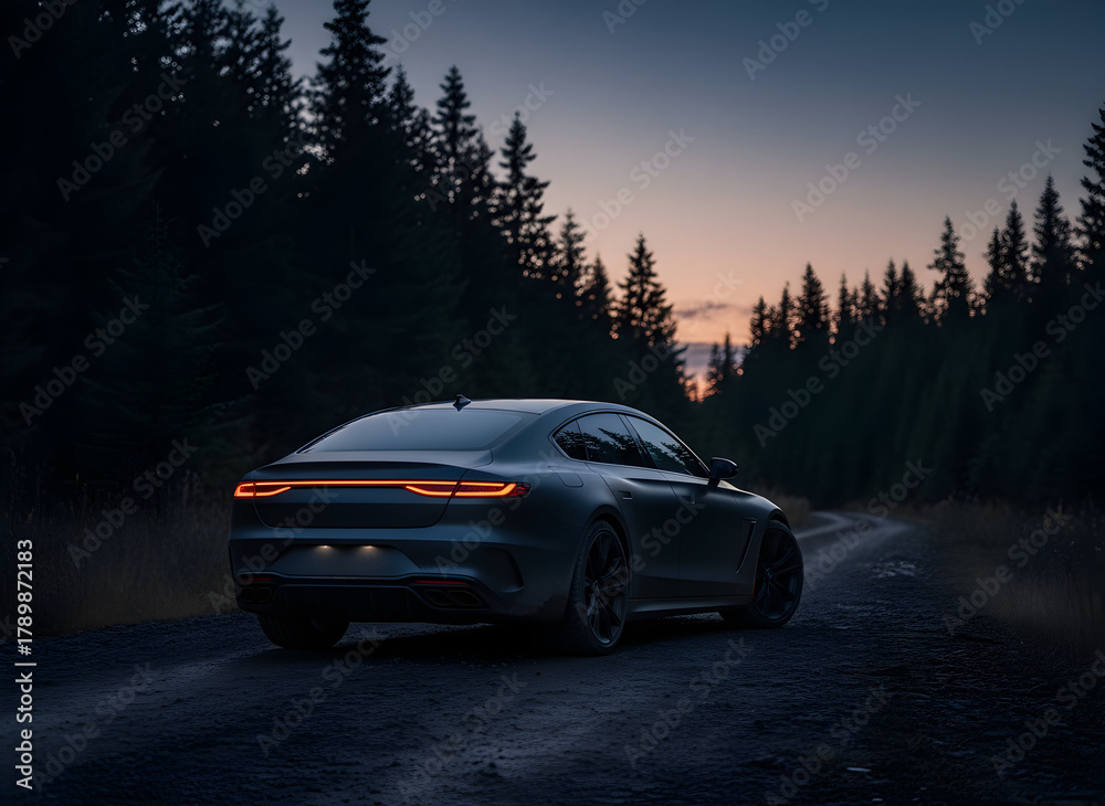 Fototapeta premium Sleek dark luxury sedan cruises winding forest road at twilight