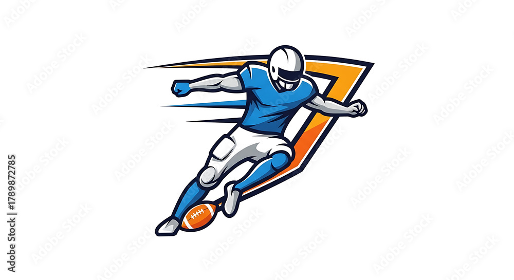 Obraz premium Dynamic illustration of an American football player in a blue uniform kicking a football with a stylized orange 'J' logo in the background, depicting speed and action.