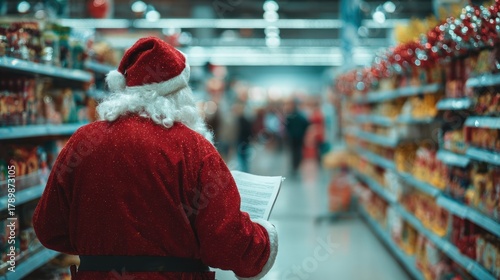 Santa In Red Suit Holding A Shopping List In A Busy Supermarket Aisle During Christmas Season